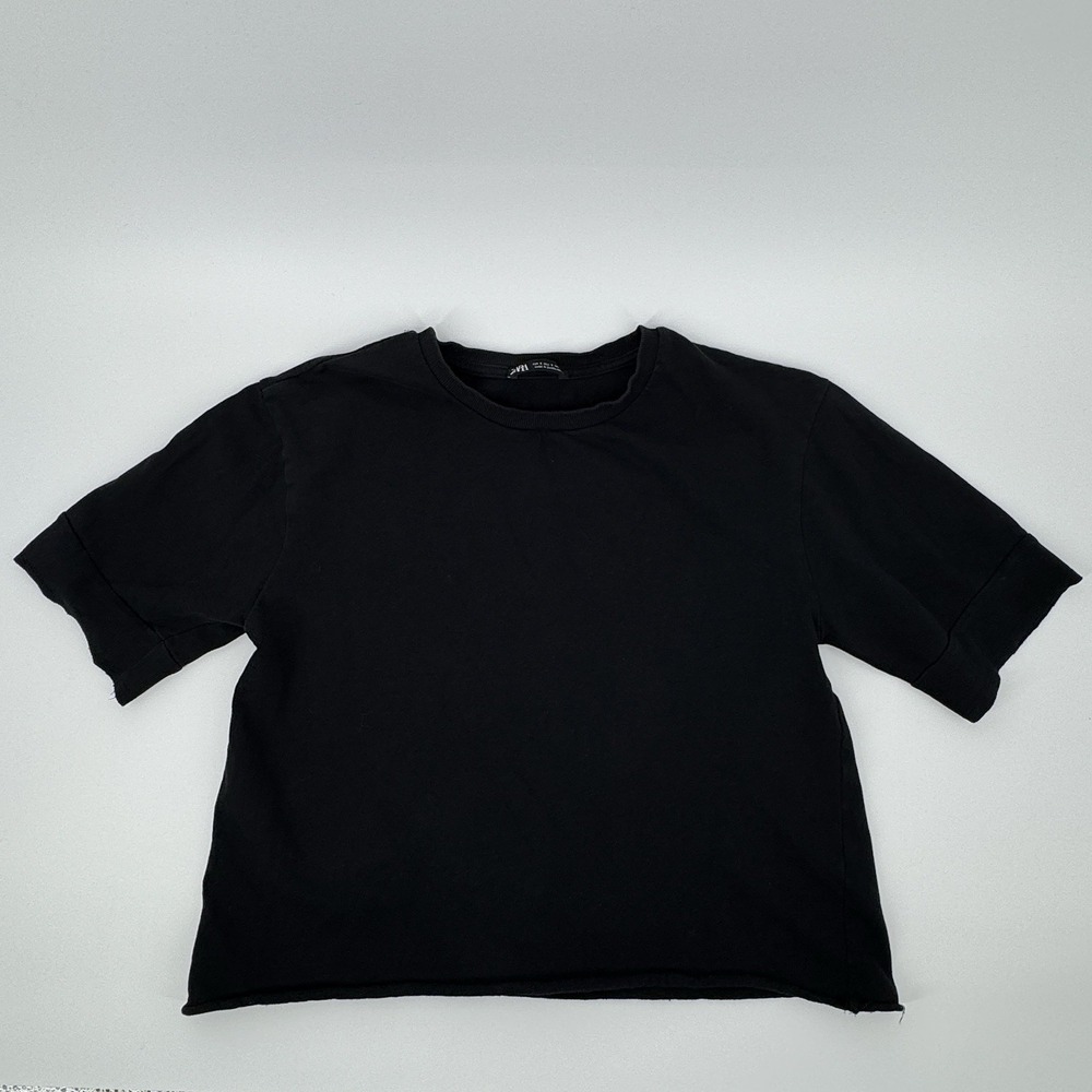 Zara Women's Black Cropped Sweatshirt Short Sleeve Boxy Pullover Size Small Cozy